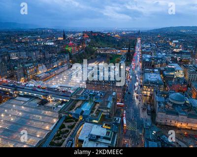 Aerial view of Edinburgh city centre skyline at dusk, Scotland, UK Stock Photo