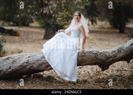 Bride Seated on Large Fallen Tree in Grove of California Oak Trees Stock Photo