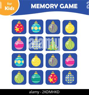 Memory game, educational mini games for children with Christmas tree balls Stock Vector