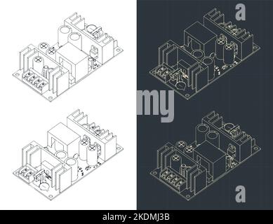 Stylized vector illustration of isometric blueprints of power supply module Stock Vector