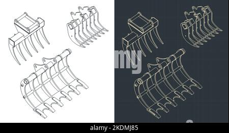 Stylized vector illustration of isometric blueprints of rake for excavators Stock Vector