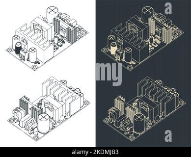 Stylized vector illustration of isometric blueprints of power supply module Stock Vector