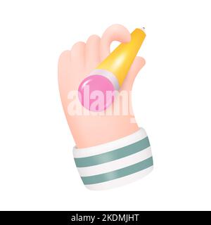 3D Hand Writing with Yellow Graphic Pencil Isolated on White Background. Human Arm Holding Pen. Vector Illustration Stock Vector