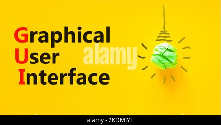 GUI graphical user interface symbol. Concept words GUI graphical user interface on a beautiful yellow background. Light bulb. Business and GUI graphic Stock Photo