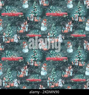 New Year, Christmas, seamless pattern with a red retro car, Christmas trees, hares, snowmen, snow on a dark blue one. Watercolor illustration from a Stock Photo