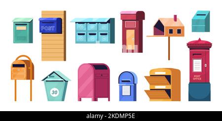 Flat mailbox or post box set. Color letterboxes for correspond letters delivery. Street stainless mail boxes or containers for paper correspondence, postal envelopes vector cartoon illustration. Stock Vector