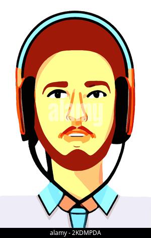 Man with beard, shirt and tie. He wears headphones on his head. Retro style illustration. Vector in Low Poly Style. Stock Vector