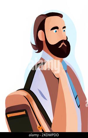 Bearded man in vest and tie carries backpack. Surprised or scared look. Vector illustration in low poly style. Stock Vector