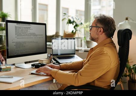 Serious mature software developer looking at code on computer screen while decoding data and carrying out working tasks in office Stock Photo
