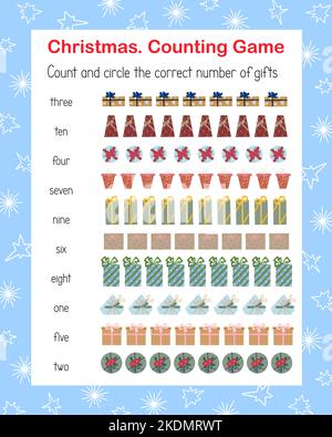 How many gifts counting educational game for kids Christmas topical vocabulary vector illustration, educational puzzle, printable worksheet for leisur Stock Vector