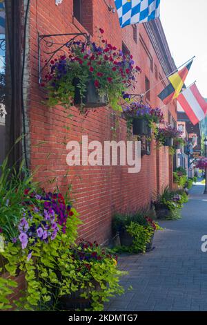 European flags and flower boxes with geraniums and pea vines line a sidewalk and historic brick building in Leavenworth, Washington State, USA. Stock Photo