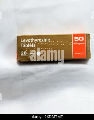 Levothyroxine tablets box 50 micrograms. Studio set up. November 2022. Autumn. Stock Photo