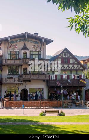 Hotel Europa and other Bavarian style buildings in the German-themed town of Leavenworth, Washington, USA. Stock Photo