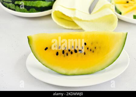 Watermelon on white plate, close up view Stock Photo