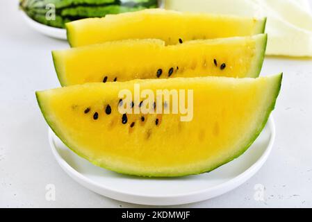 Watermelon on white plate, close up view Stock Photo