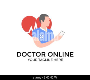 Doctor online, online medical communication network with patient logo design. Online medical consultation, doctor online using a smartphone. Stock Vector
