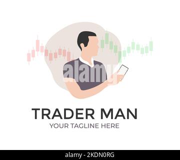 Stock Trader Looking using smartphone while workin logo design. Block chain stock market cryptocurrency investment selling and buy with price chart. Stock Vector