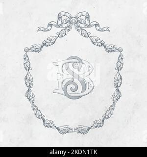 Vintage Monogram Wedding Wreath Monogram Logo Interlock - Sketched - monogrammed - SB initial two letter monogram Stock Vector