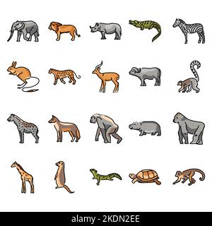 African animals color line icons set. Pictograms for web page Stock Vector