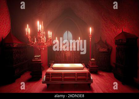 An old vampire castle set in a theme of horror for Halloween games is lit by candle stands with Victorian furniture of Dracula and a gothic look in Stock Photo