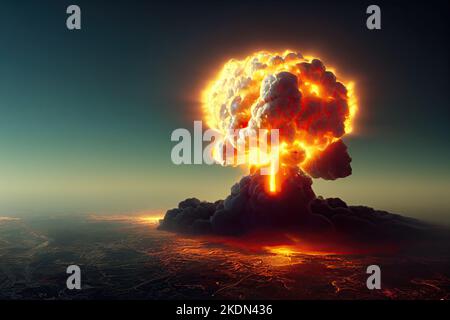 Satellite view of a nuclear explosion in a city skyline creating a nuclear fire mushroom cloud in an apocalyptic war. 3D digital illustration. Stock Photo