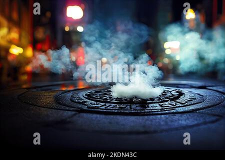 A manhole with smoke of in New York City in the United States. 3D illustration and urban background. Stock Photo