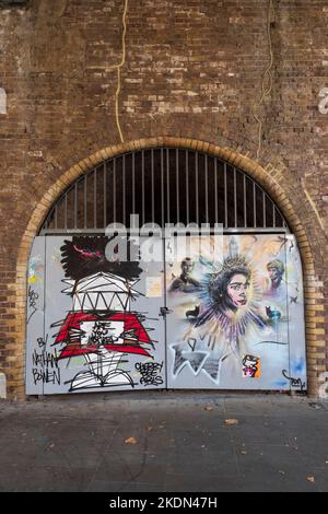 Street art, featuring Queen Elizabeth II to mark her Platinum Jubilee. The art work also shows Princes Phililip and Princess Diana, South Bank Centre, Stock Photo