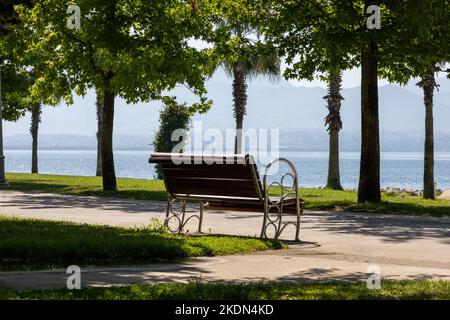 Empty bench by the sea. Empty wooden bench at the park. Loneliness concept. Stock Photo