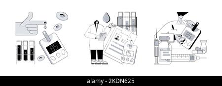 Diabetes mellitus abstract concept vector illustration set. Blood glucose meter, diabetes exam results and medications prescription, sugar level test, insulin injection, glucometer abstract metaphor. Stock Vector