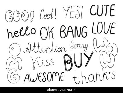 Massages and talk signs for app, web. Comic sketch text bang, cute, thanks, hello for social net. Stock Vector