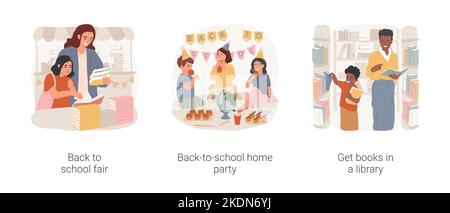 Back to school celebration isolated cartoon vector illustration set. Back to school fair, home celebration, get books in a library, beginning of study year, buy study supplies vector cartoon. Stock Vector