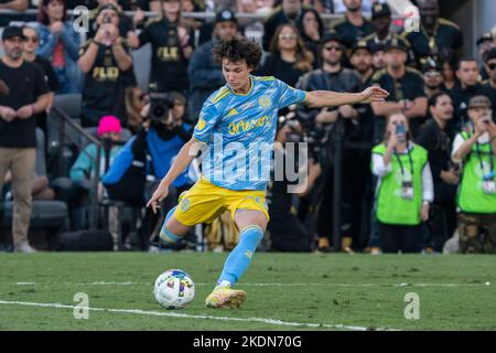 Philadelphia Union midfielder Paxten Aaronson (30) takes a shot during the MLS Cup match against the Los Angeles FC, Saturday, November 5, 2022, at th Stock Photo