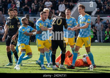 Philadelphia Union players react to foul by Los Angeles FC midfielder José Cifuentes (20) during the MLS Cup match, Saturday, November 5, 2022, at the Stock Photo