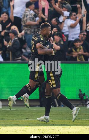 Los Angeles FC defender Diego Palacios (12) and defender Jesús Murillo (3) celebrate during the MLS Cup match against the Philadelphia Union, Saturday Stock Photo