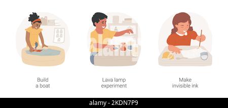 Science project and STEM activity isolated cartoon vector illustration set. Build toy boat, lava lamp experiment, make invisible ink, early education STEM project, science for kids vector cartoon. Stock Vector