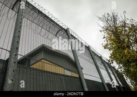 Harmondsworth, UK. 5th November, 2022. The Colnbrook wing of Heathrow Immigration Removal Centre is pictured on the day of a disturbance which followed a substantial power outage. According to reports, a group of detainees left their rooms in the early hours of the morning and entered a courtyard armed with weaponry. No one was hurt during the disturbance at the detention centre which is managed by Mitie. Police, including riot police, fire and prison services attended. Some detainees have been relocated. Credit: Mark Kerrison/Alamy Live News Stock Photo