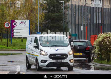 Harmondsworth, UK. 5th November, 2022. An electrical supplier's vehicle leaves Heathrow Immigration Removal Centre during a disturbance within the Harmondsworth wing which followed a substantial power outage. According to reports, a group of detainees left their rooms in the early hours of the morning and entered a courtyard armed with weaponry. No one was hurt during the disturbance at the detention centre which is managed by Mitie. Police, including riot police, fire and prison services attended. Some detainees have been relocated. Credit: Mark Kerrison/Alamy Live News Stock Photo