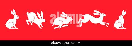 Collection of rabbits, bunnies illustrations. Chinese new year 2023 year of the rabbit - set of traditional Chinese zodiac symbol, illustrations, art Stock Vector