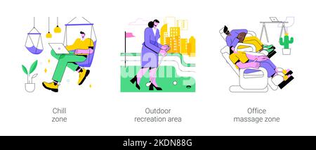 Recreation in smart office isolated cartoon vector illustrations set. Chill zone and outdoor recreation area, office massage zone, modern workplace, relax time at job, wellness vector cartoon. Stock Vector