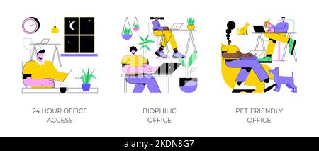 Office facilities and design isolated cartoon vector illustrations set. 24 hour smart office access, biophilic office space, pet-friendly modern workplace, vertical garden vector cartoon. Stock Vector