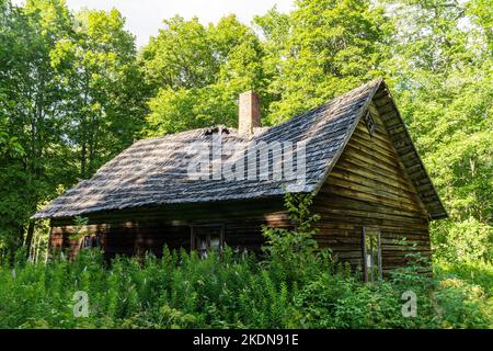 An old and abandoned wooden building in the middle of lush forest in Soomaa National Park, Estonia Stock Photo