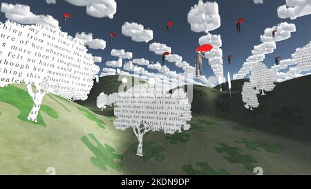 Businessman floats amongst dollar symbol clouds in suureal landscape. 3D rendering Stock Photo