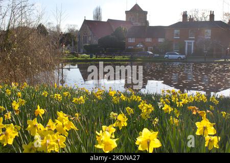 Winter in Chiddingfold village & St Mary's church over the pond, Surrey, England Stock Photo