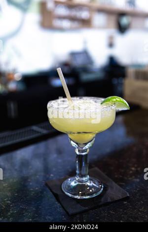 A lime poured margarita at a local Mexican restaurant bar for cinco de mayo Stock Photo