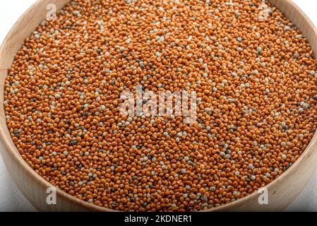 dried grains bird food. Red millet grain. Millets are a highly varied group of small-seeded grasses, widely grown around the world as cereal crops or Stock Photo