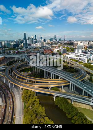 Aerial vertical view of Brisbane city and highway traffic in Australia in daytime Stock Photo