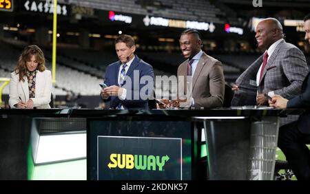 ** ADVANCE FOR WEEKEND EDITIONS, SEPT. 8-9 -- FILE -- ** ESPN Monday Night  Football commentator team Mike Tirico, right, Tony Kornheiser, center, and  Ron Jaworski, left, smile in their booth before the San Francisco 49ers and  Denver Broncos