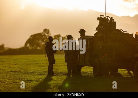 U.S. Army Soldiers with Charlie Company 1-27 Wolf Hounds, 2nd Brigade Combat Team, 25th Infantry Division discuss the mission while on a dismounted patrol during the Joint Pacific Multinational Readiness Center (JPMRC) on the island of O’aho, Hi., November 2, 2022. JPMRC 23-01 is a regional combat training center (CTC) rotation that builds combat readiness in America's Pacific Division and is a key way the Army forces engage in a joint environment with our regional allies and partners. (U.S. Army Reserve Photo by Staff Sgt. Keith Thornburgh) Stock Photo