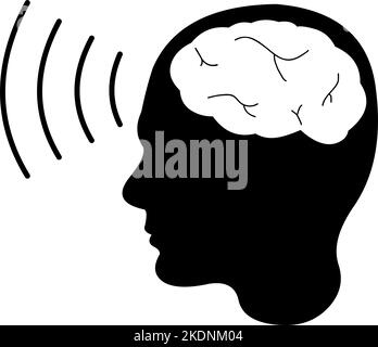 Vector icon illustration of the black silhouette of a person with brain waves, in the concept of telepathy Stock Vector