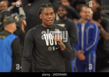 Orlando, Florida, USA, November 7, 2022, Orlando Magic Small Forward Admiral Schofield #25 is reminding people to go out and vote at the Amway Center.  (Photo Credit:  Marty Jean-Louis) Stock Photo